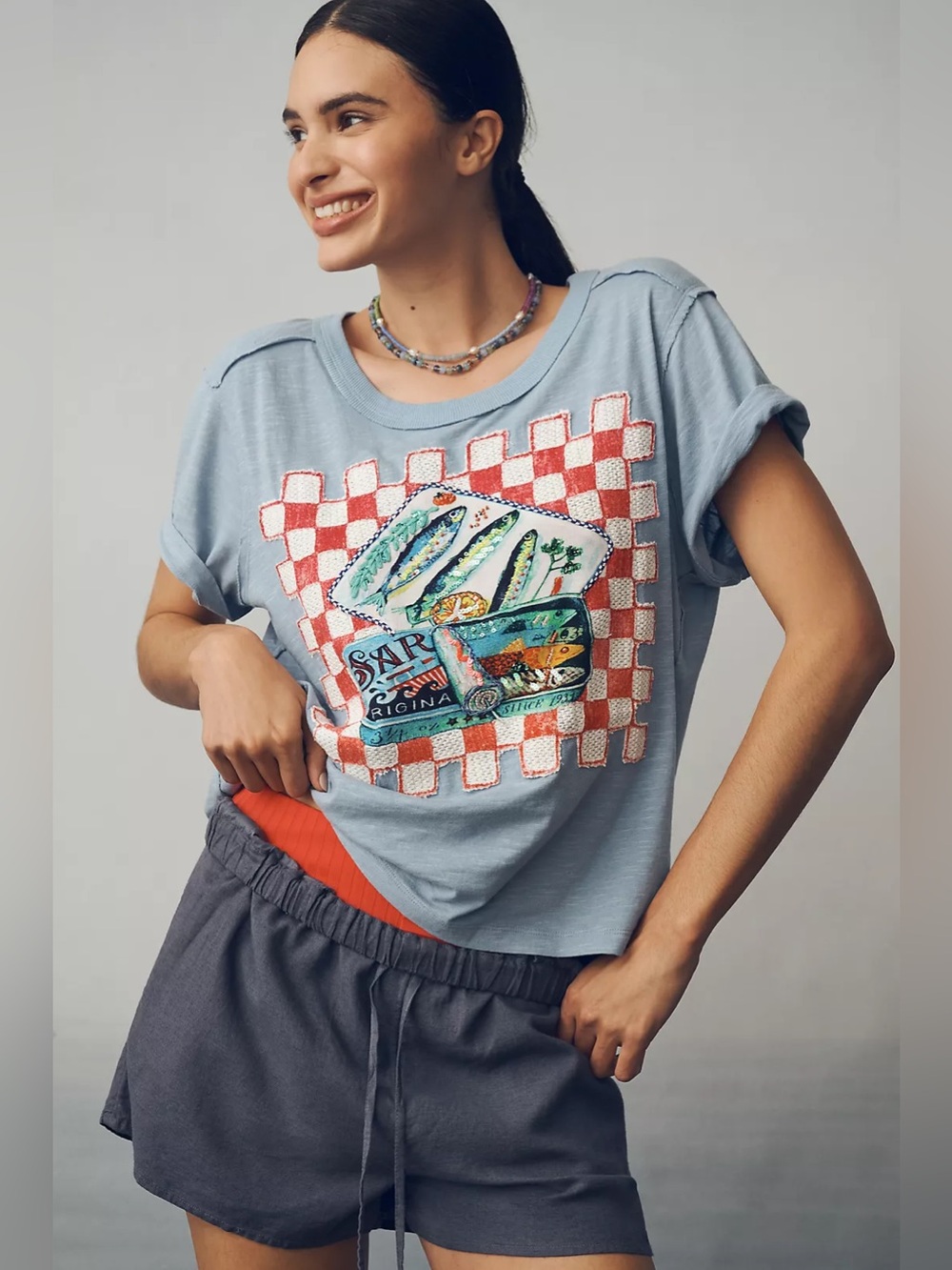 Anthropologie Maeve Sardine Linen Blend Graphic Tee